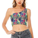 Vintage Watercolor Feather Print One Shoulder Crop Top