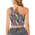 Vintage Watercolor Feather Print One Shoulder Crop Top