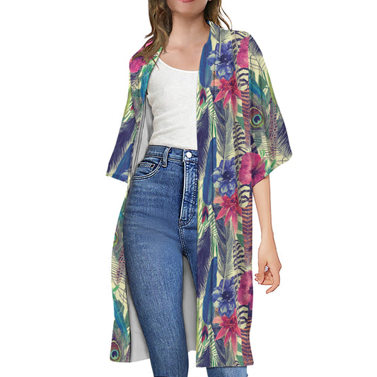 Vintage Watercolor Feather Print Open Front Beach Cover Up