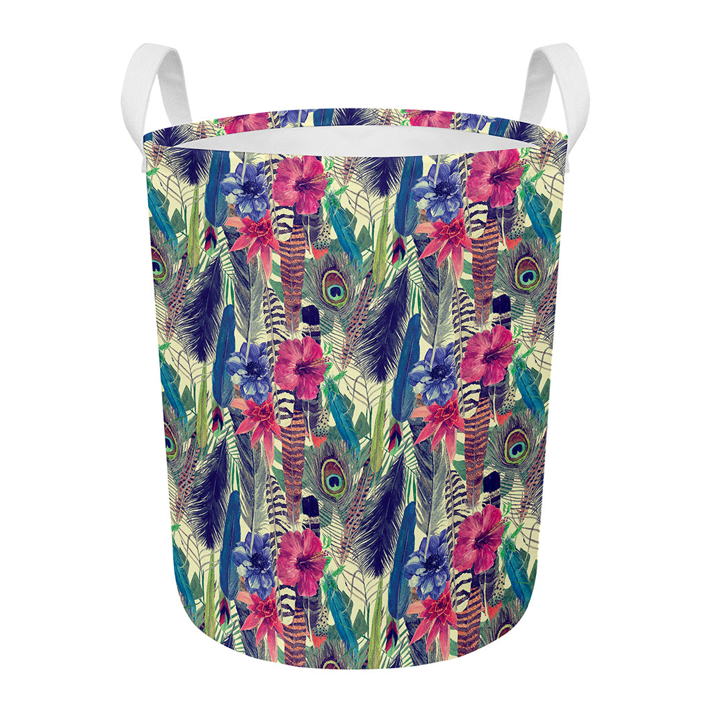 Vintage Watercolor Feather Print Round Laundry Basket