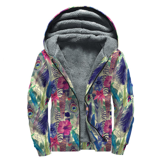 Vintage Watercolor Feather Print Sherpa Lined Zip Up Hoodie