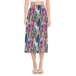 Vintage Watercolor Feather Print Side Slit Midi Skirt