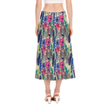 Vintage Watercolor Feather Print Side Slit Midi Skirt