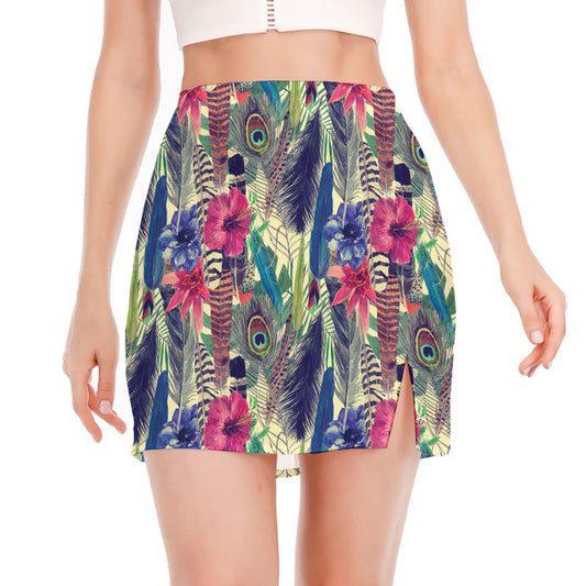 Vintage Watercolor Feather Print Side Slit Mini Skirt
