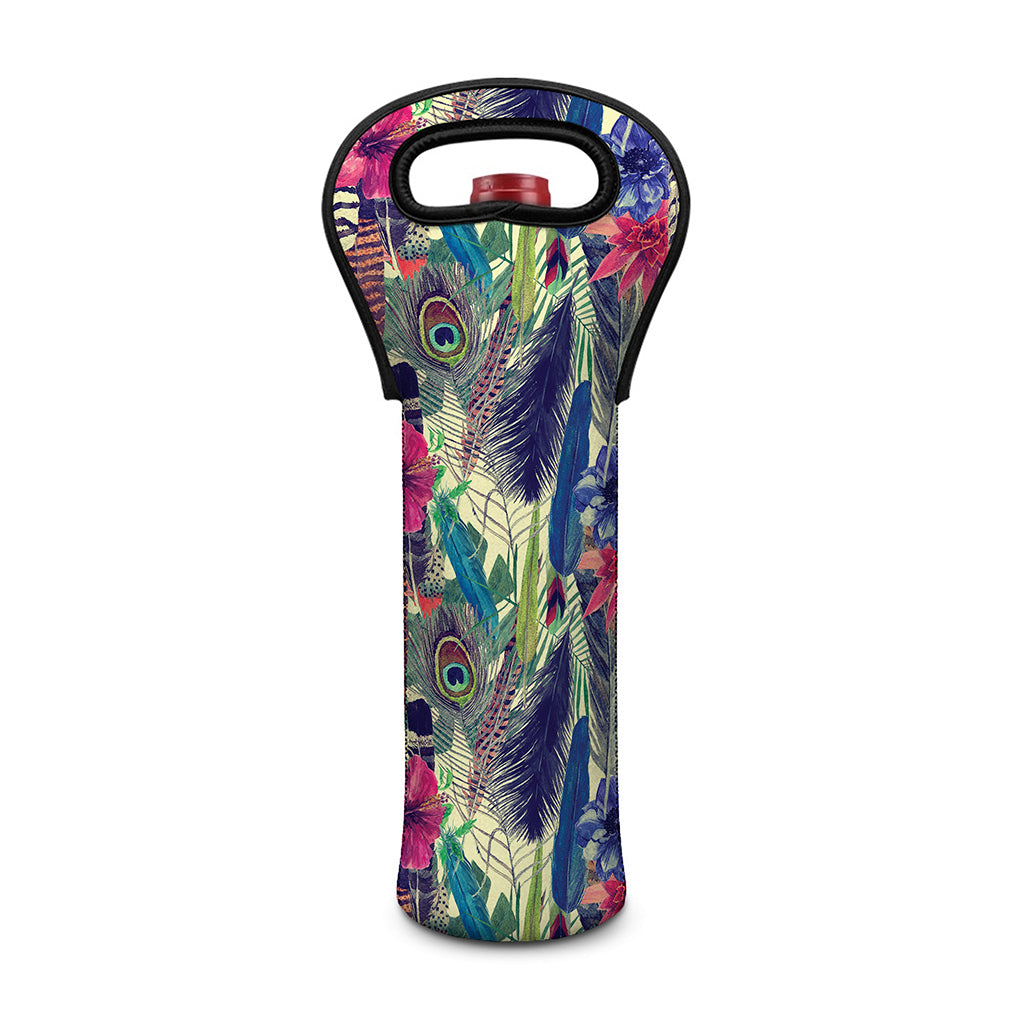 Vintage Watercolor Feather Print Single Neoprene Wine Tote
