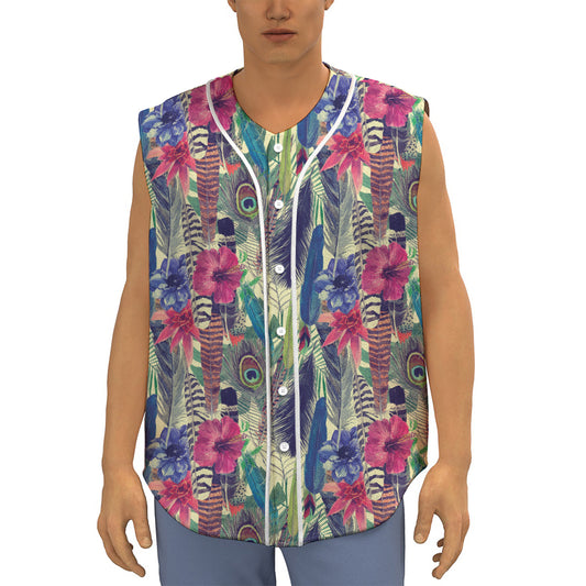 Vintage Watercolor Feather Print Sleeveless Baseball Jersey