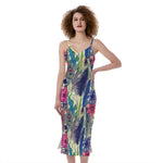 Vintage Watercolor Feather Print Slim Fit Midi Cami Dress