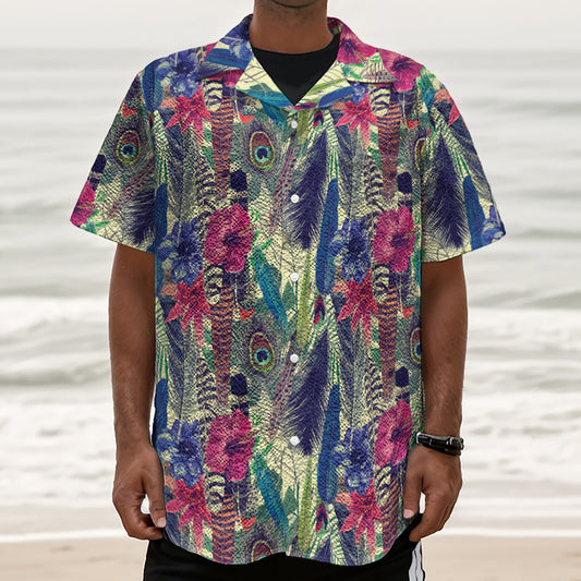 Vintage Watercolor Feather Print Textured Short Sleeve Shirt
