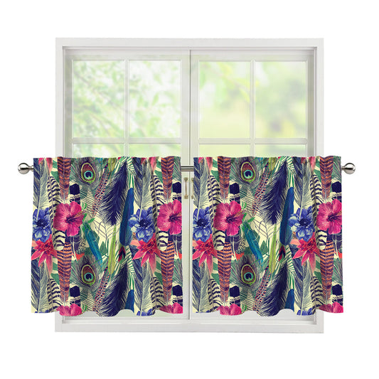 Vintage Watercolor Feather Print Tier Curtains