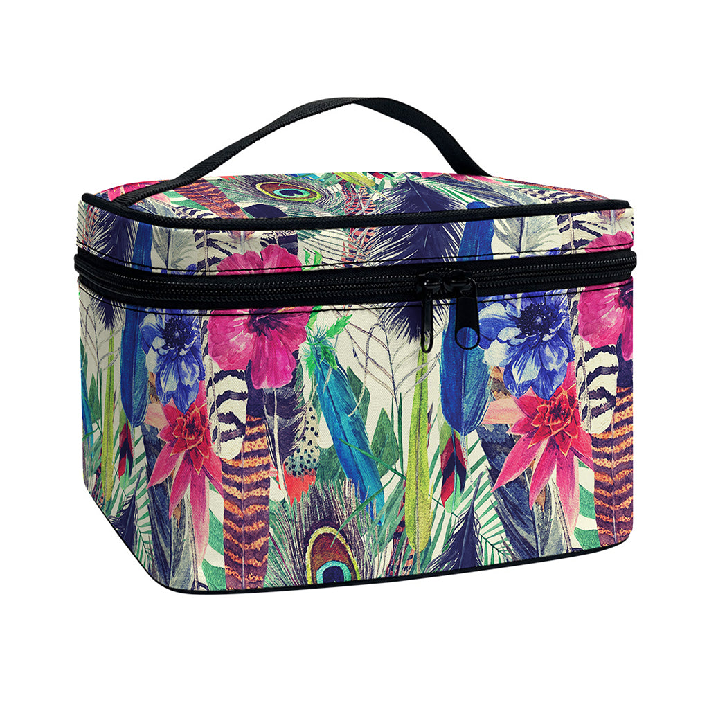 Vintage Watercolor Feather Print Travel Makeup Bag