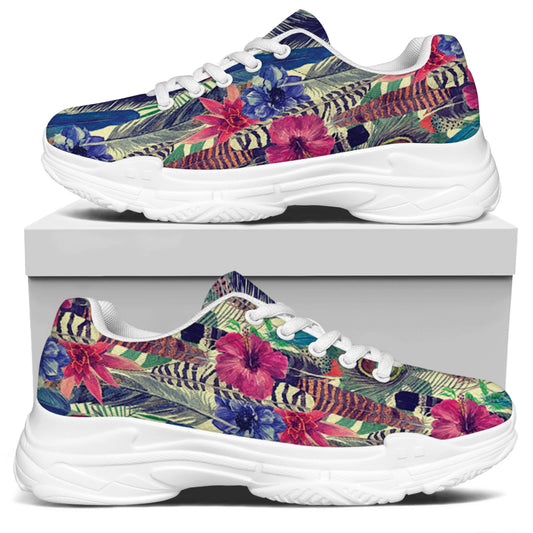 Vintage Watercolor Feather Print White Chunky Shoes