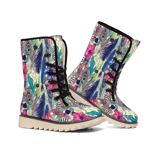 Vintage Watercolor Feather Print Winter Boots
