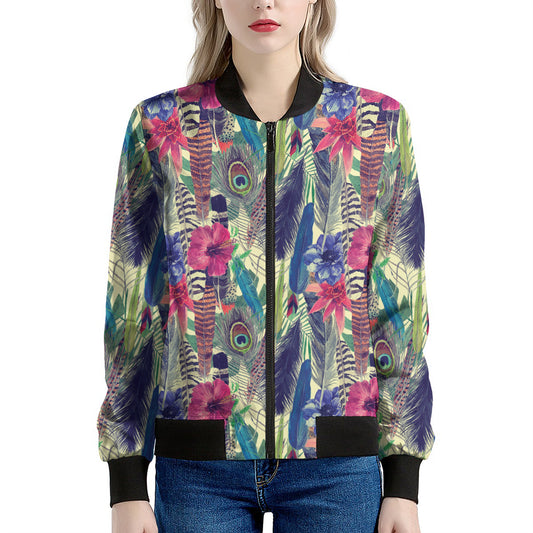 Vintage Watercolor Feather Print Women's Bomber Jacket