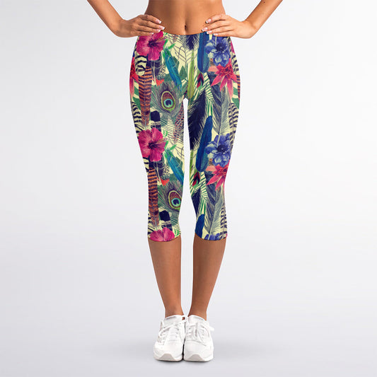Vintage Watercolor Feather Print Women's Capri Leggings