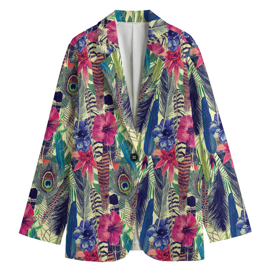 Vintage Watercolor Feather Print Women's Cotton Blazer