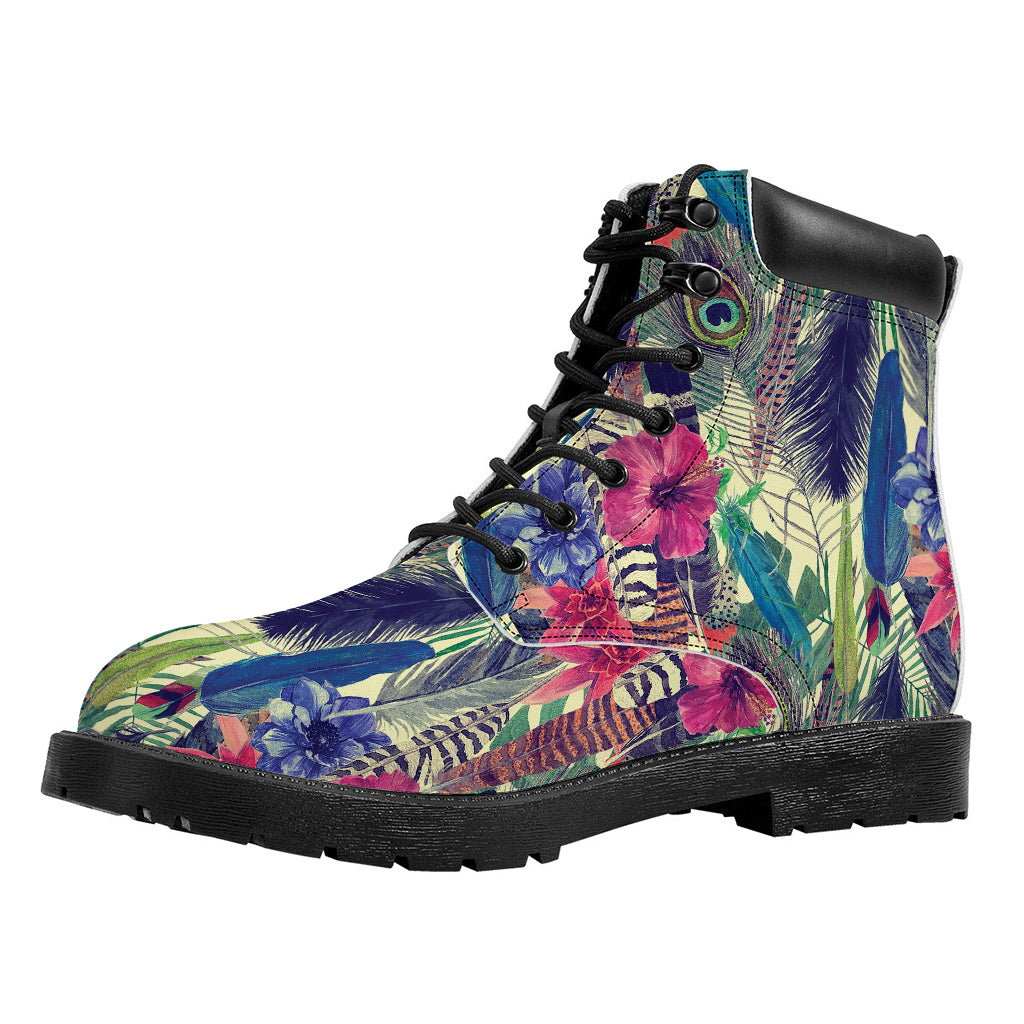 Vintage Watercolor Feather Print Work Boots
