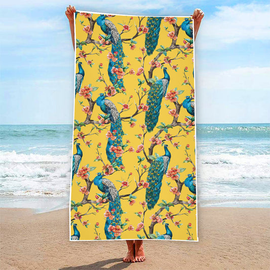 Vintage Watercolor Peacock Print Beach Towel