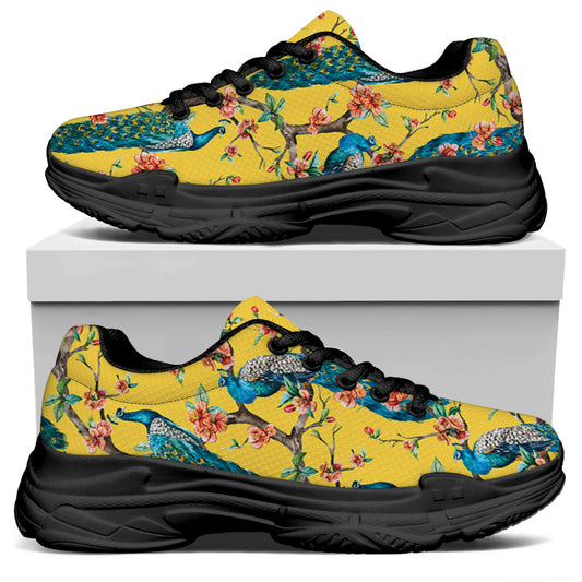 Vintage Watercolor Peacock Print Black Chunky Shoes