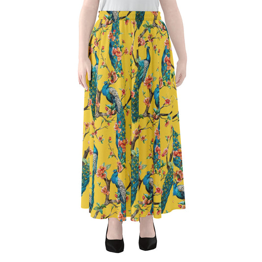 Vintage Watercolor Peacock Print Chiffon Maxi Skirt