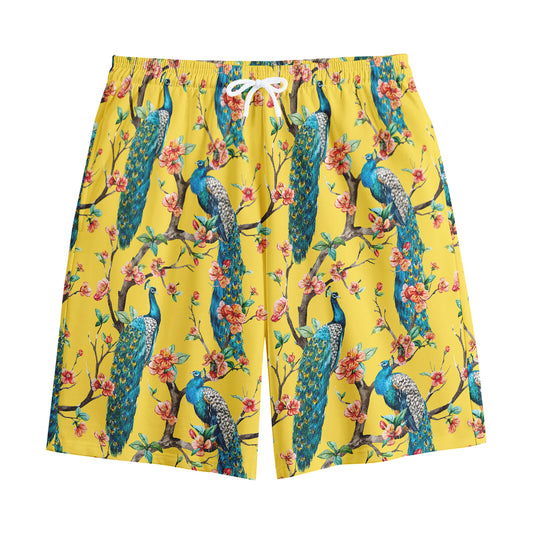 Vintage Watercolor Peacock Print Cotton Shorts