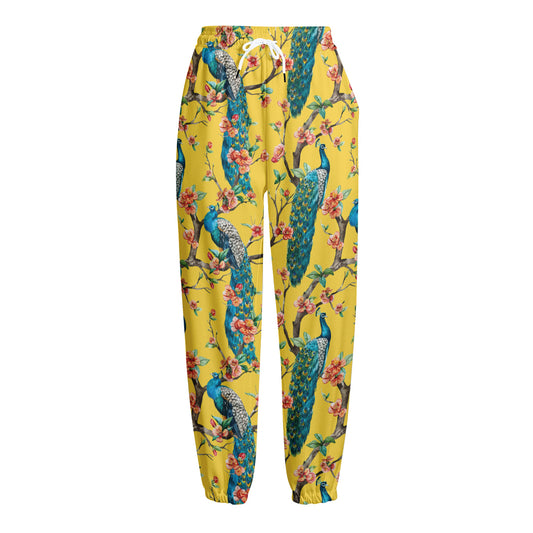 Vintage Watercolor Peacock Print Fleece Lined Knit Pants