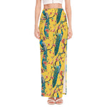 Vintage Watercolor Peacock Print High Slit Maxi Skirt