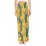 Vintage Watercolor Peacock Print High Slit Maxi Skirt