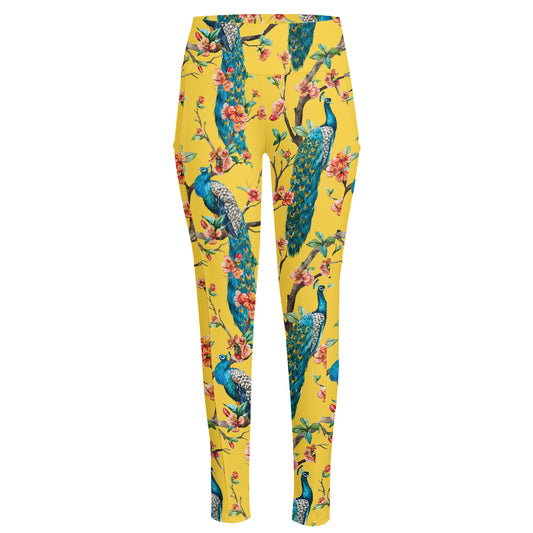 Vintage Watercolor Peacock Print High-Waisted Pocket Leggings
