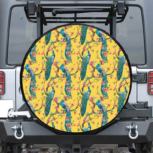 Vintage Watercolor Peacock Print Leather Spare Tire Cover