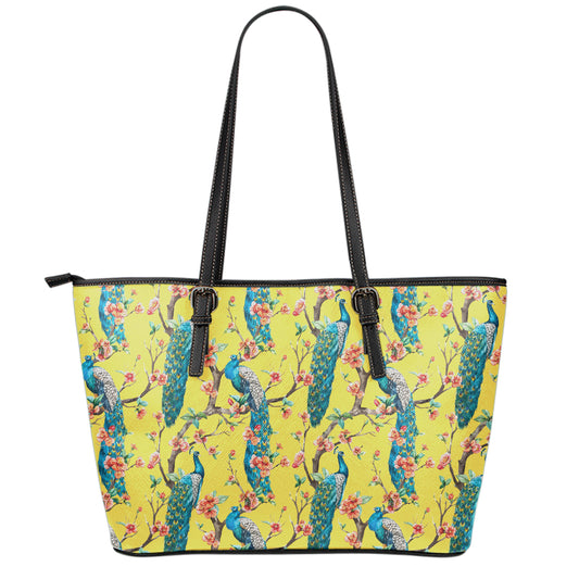 Vintage Watercolor Peacock Print Leather Tote Bag