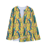 Vintage Watercolor Peacock Print Long Sleeve Short Coat