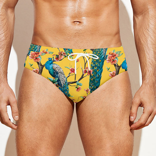Vintage Watercolor Peacock Print Men's Swim Briefs
