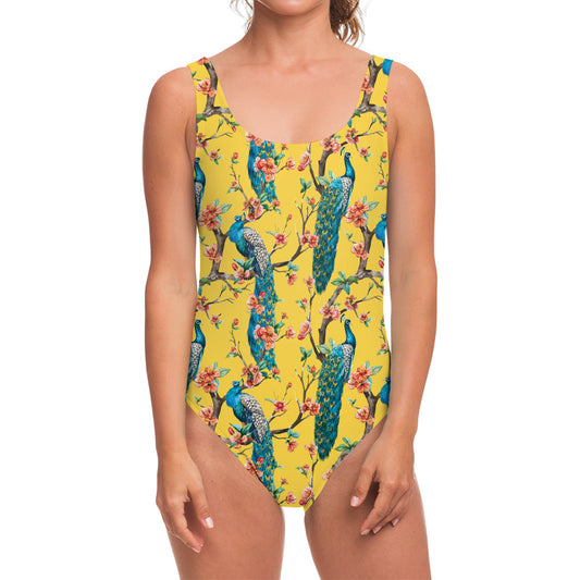 Vintage Watercolor Peacock Print One Piece Swimsuit