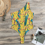 Vintage Watercolor Peacock Print One Shoulder Bodysuit