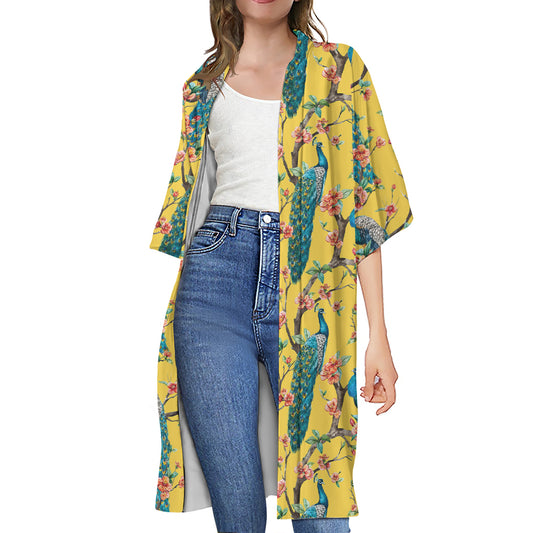 Vintage Watercolor Peacock Print Open Front Beach Cover Up