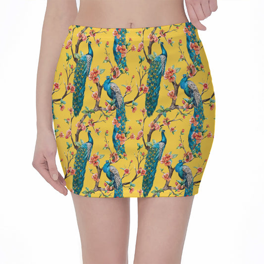 Vintage Watercolor Peacock Print Pencil Mini Skirt