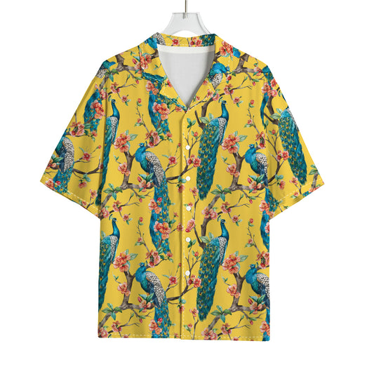 Vintage Watercolor Peacock Print Rayon Hawaiian Shirt