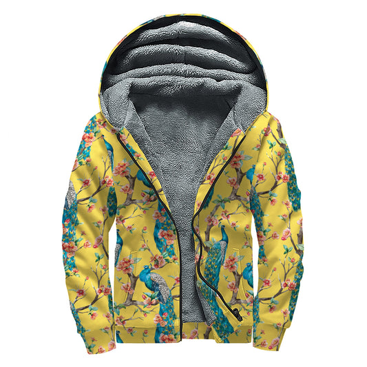 Vintage Watercolor Peacock Print Sherpa Lined Zip Up Hoodie