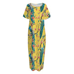 Vintage Watercolor Peacock Print Short Sleeve Long Nightdress