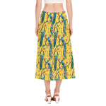 Vintage Watercolor Peacock Print Side Slit Midi Skirt