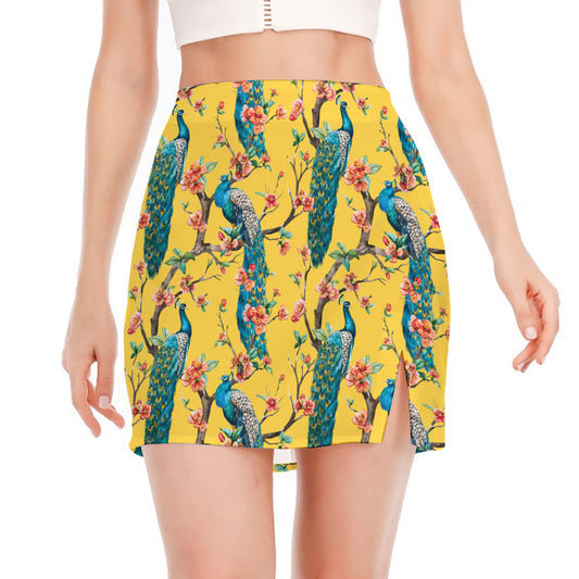 Vintage Watercolor Peacock Print Side Slit Mini Skirt
