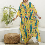 Vintage Watercolor Peacock Print Silk V-Neck Kaftan Dress