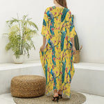 Vintage Watercolor Peacock Print Silk V-Neck Kaftan Dress
