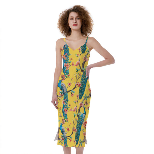 Vintage Watercolor Peacock Print Slim Fit Midi Cami Dress
