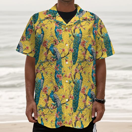 Vintage Watercolor Peacock Print Textured Short Sleeve Shirt