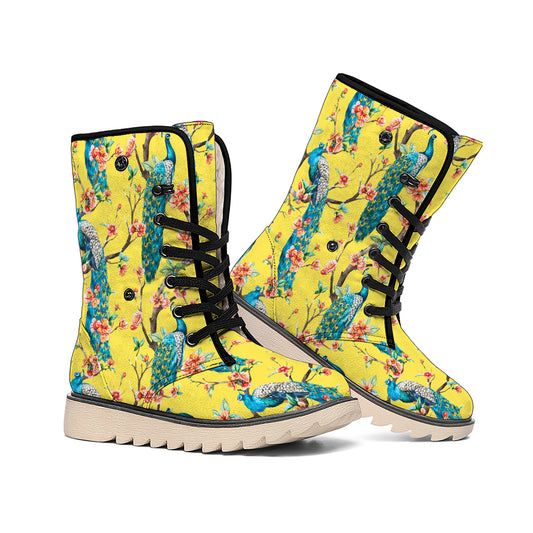 Vintage Watercolor Peacock Print Winter Boots
