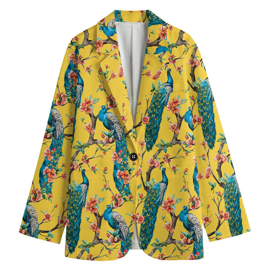 Vintage Watercolor Peacock Print Women's Cotton Blazer