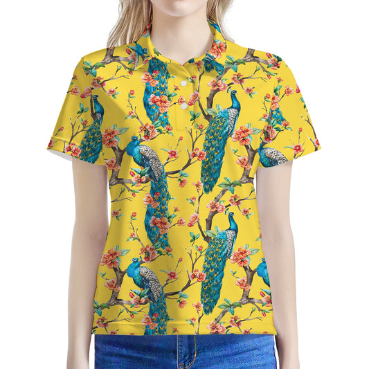 Vintage Watercolor Peacock Print Women's Polo Shirt