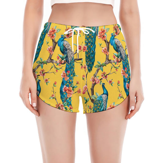 Vintage Watercolor Peacock Print Women's Split Running Shorts