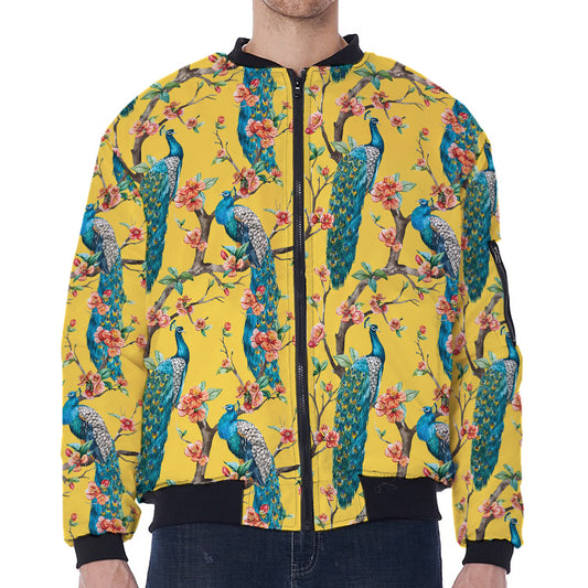 Vintage Watercolor Peacock Print Zip Sleeve Bomber Jacket